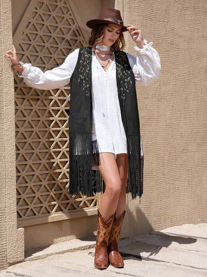 Faux Suede Fringe Hem Open Front Vest