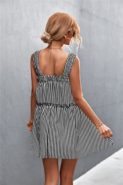 Striped Frill Trim Square Neck Dress