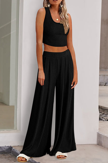 Scoop Neck Top and Wide Leg Pants Set