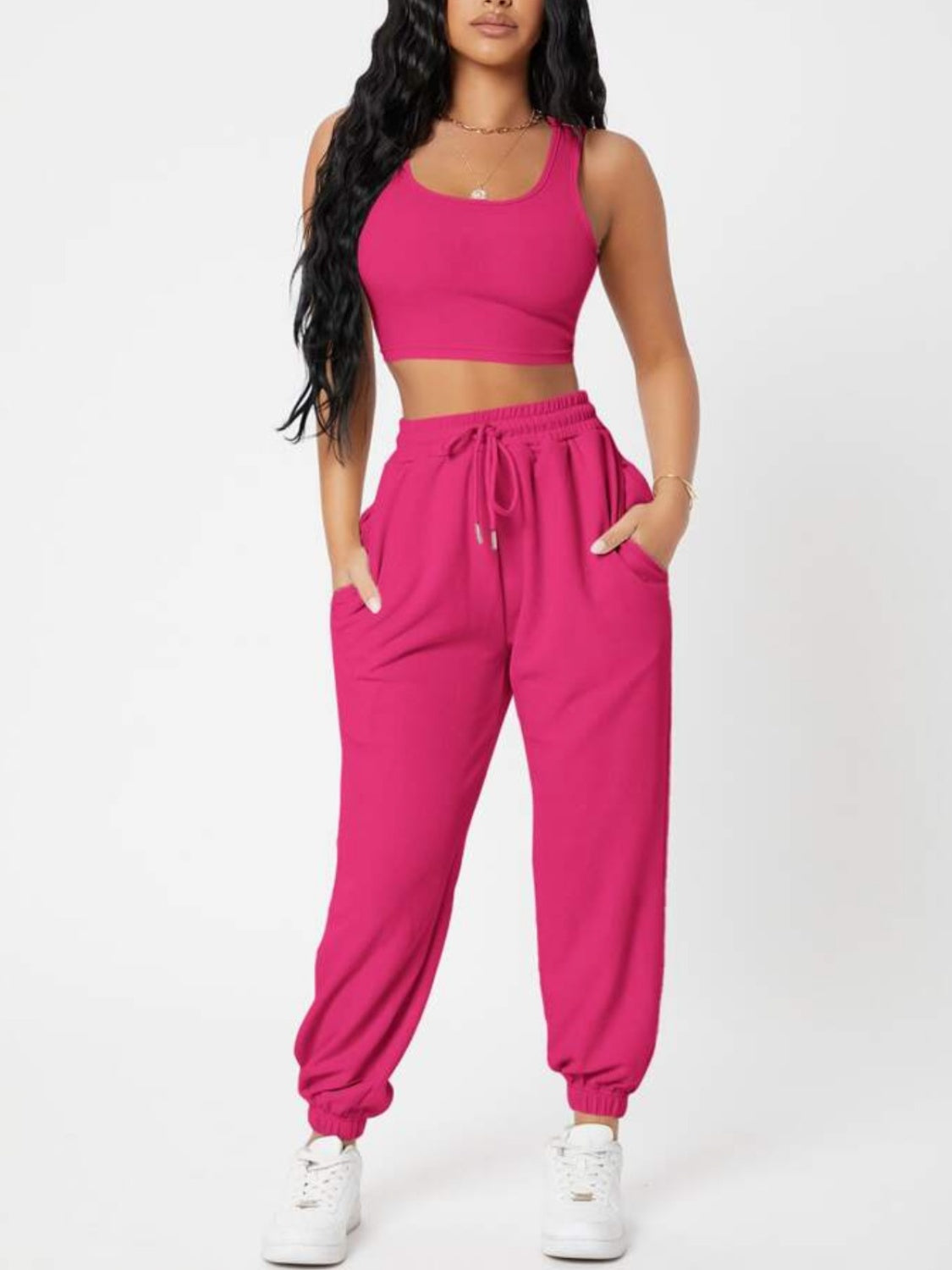 Wide Strap Top and Drawstring Joggers Set