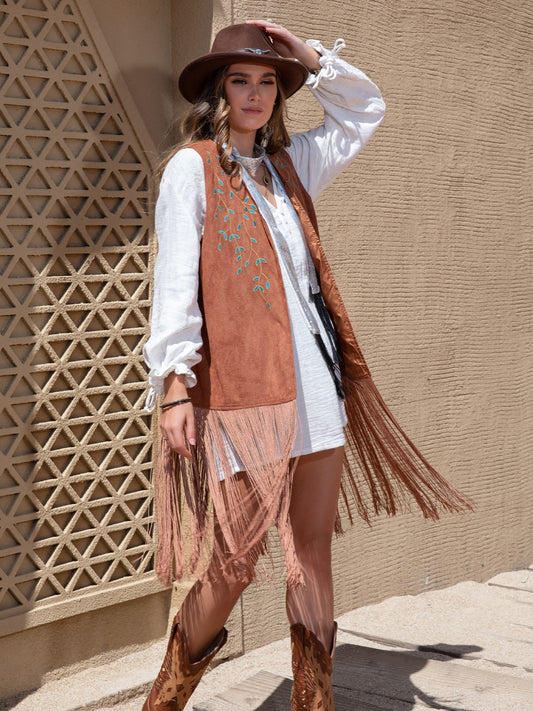 Faux Suede Fringe Hem Open Front Vest