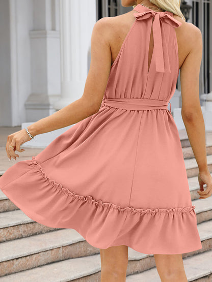 Ruched Grecian Neck Tie Waist Mini Dress