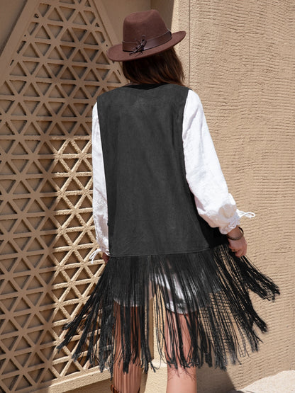 Faux Suede Fringe Hem Open Front Vest