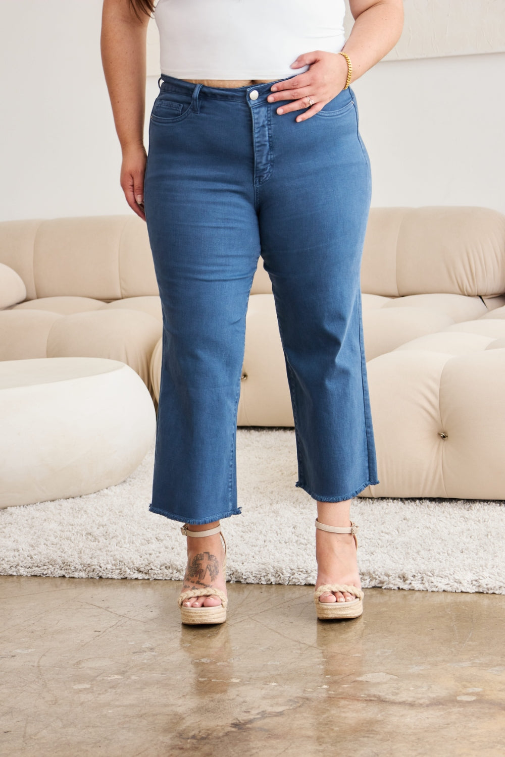 RFM Crop Chloe Full Size Tummy Control High Waist Raw Hem Jeans